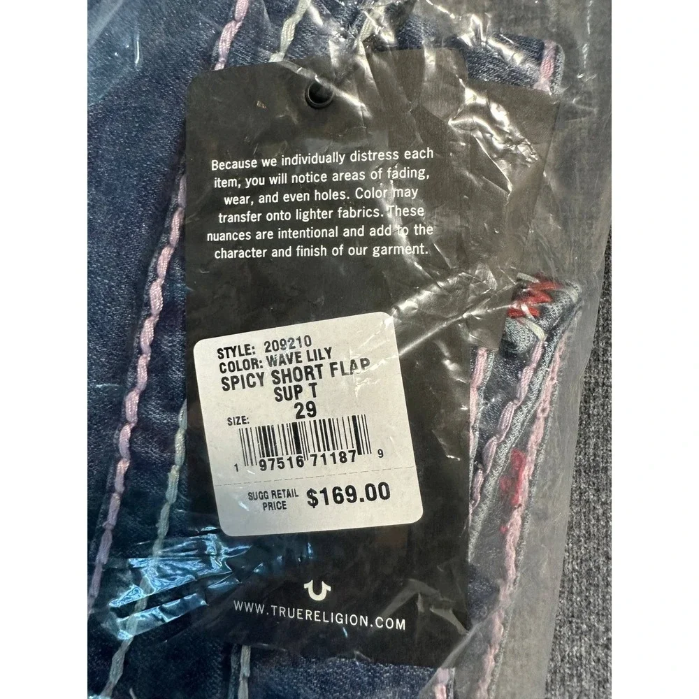 True Religion Spicy Short Flap Super T Denim Shorts Wave Lily Blue‎ W29 NEW